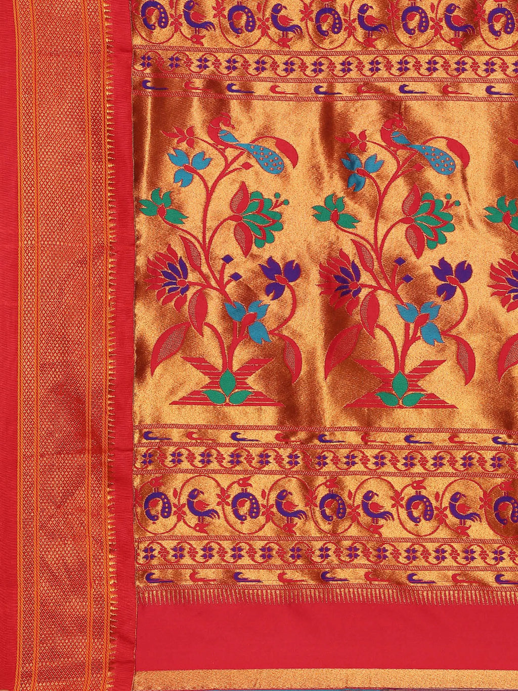Muniya paithani saree silk blend in purple and red with muniya peacock meena butti - pallu detail showing woven motif design for wedding wear
