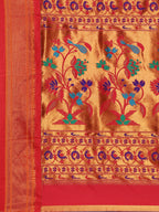Muniya paithani saree silk blend in purple and red with muniya peacock meena butti - pallu detail showing woven motif design for wedding wear