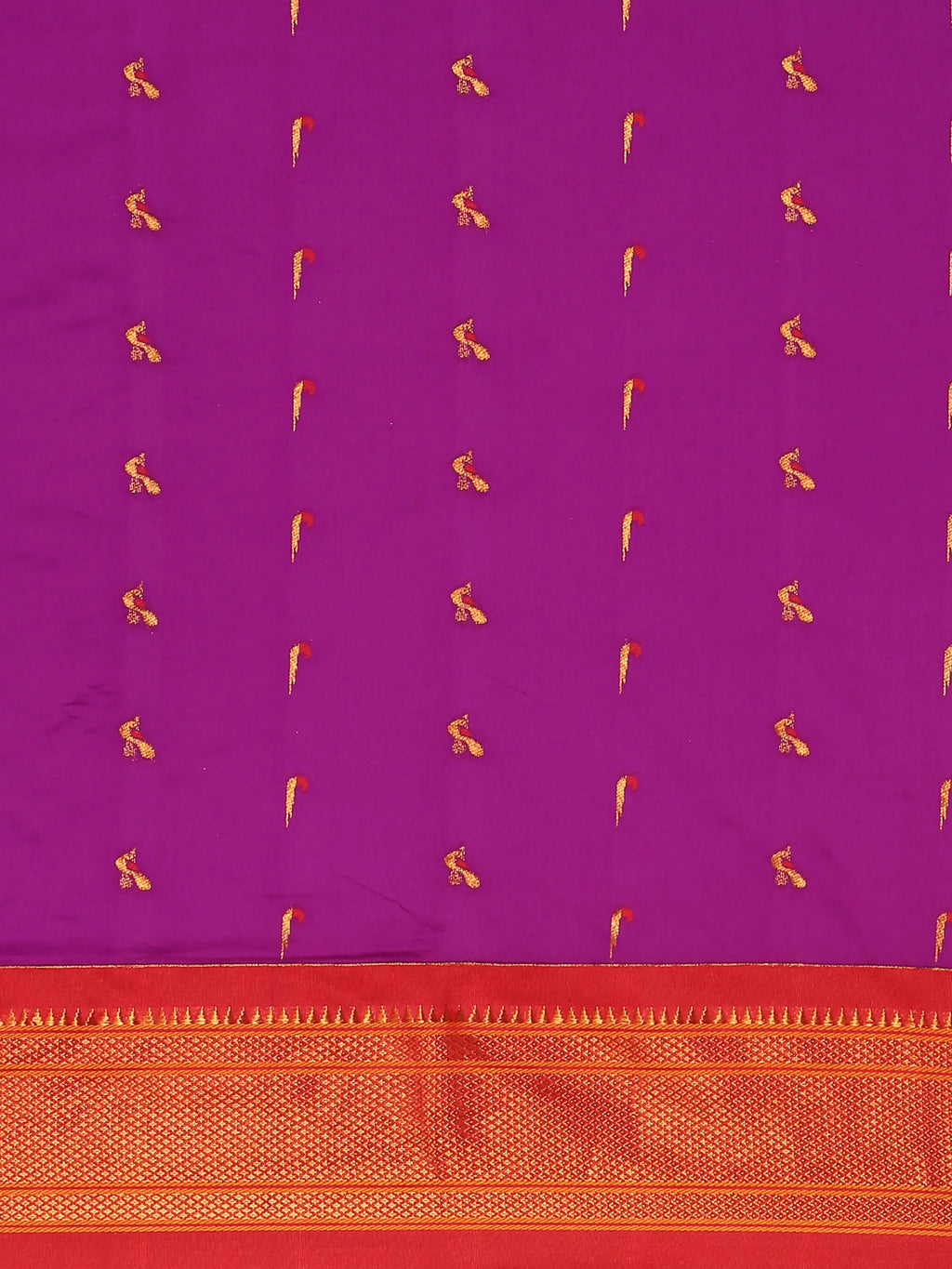 Muniya paithani saree silk blend in purple and red with muniya peacock meena butti - body fabric detail showing motif design for wedding wear