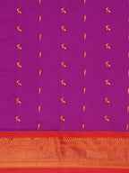 Muniya paithani saree silk blend in purple and red with muniya peacock meena butti - body fabric detail showing motif design for wedding wear