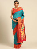 Muniya paithani saree silk blend in rama green and red with muniya peacock meena butti - front view for wedding wear