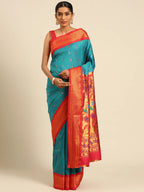 Muniya paithani saree silk blend in rama green and red with muniya peacock meena butti - front view for wedding wear