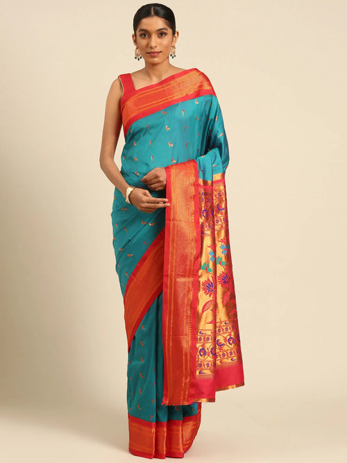 Muniya paithani saree silk blend in rama green and red with muniya peacock meena butti - front view for wedding wear