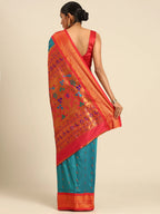 Muniya paithani saree silk blend in rama green and red with muniya peacock meena butti - back view showing pallu and border for wedding wear