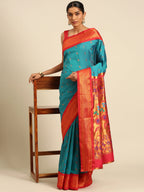 Muniya paithani saree silk blend in rama green and red with muniya peacock meena butti - styled model view for wedding wear