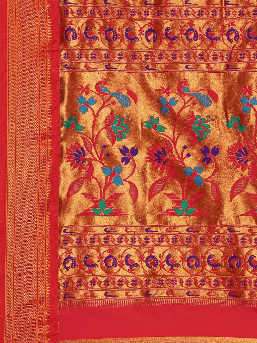 Muniya paithani saree silk blend in rama green and red with muniya peacock meena butti - pallu detail showing woven motif design for wedding wear