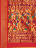 Muniya paithani saree silk blend in rama green and red with muniya peacock meena butti - pallu detail showing woven motif design for wedding wear