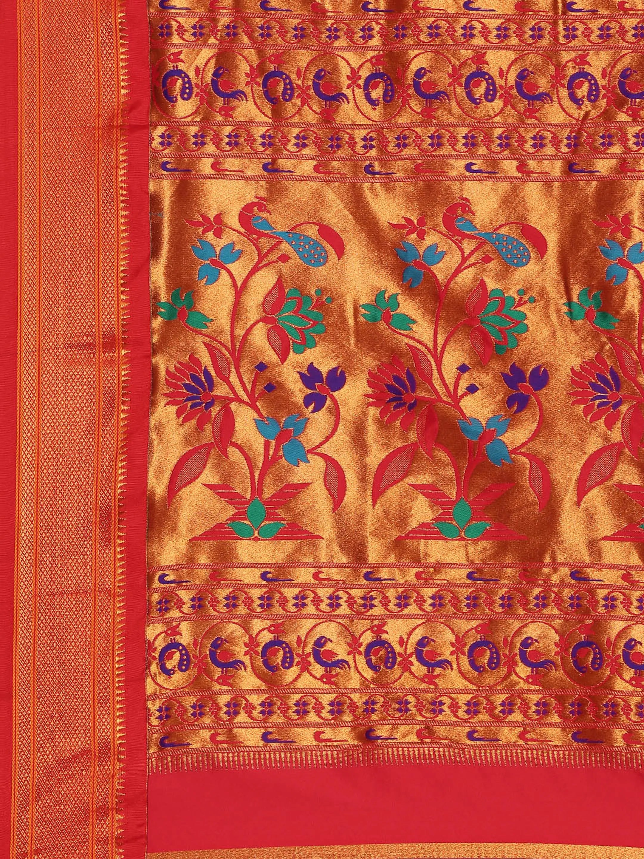 Muniya paithani saree silk blend in rama green and red with muniya peacock meena butti - pallu detail showing woven motif design for wedding wear