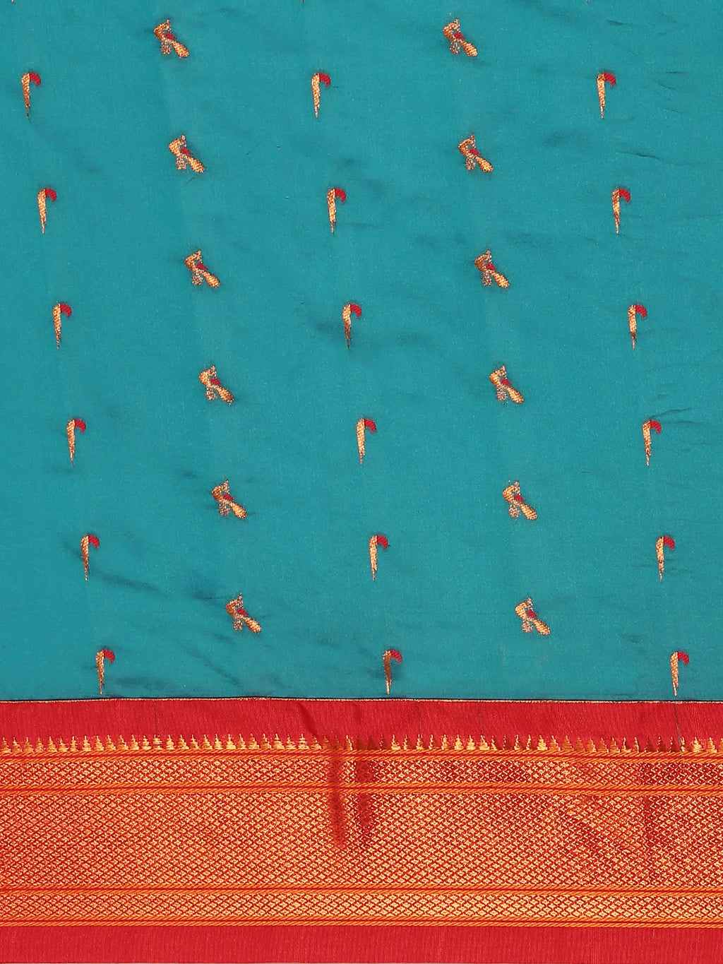 Muniya paithani saree silk blend in rama green and red with muniya peacock meena butti - body fabric detail showing motif design for wedding wear