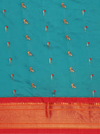 Muniya paithani saree silk blend in rama green and red with muniya peacock meena butti - body fabric detail showing motif design for wedding wear