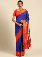 Muniya paithani saree silk blend in royal blue and red with muniya peacock meena butti - front view for wedding wear