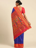 Muniya paithani saree silk blend in royal blue and red with muniya peacock meena butti - back view showing pallu and border for wedding wear