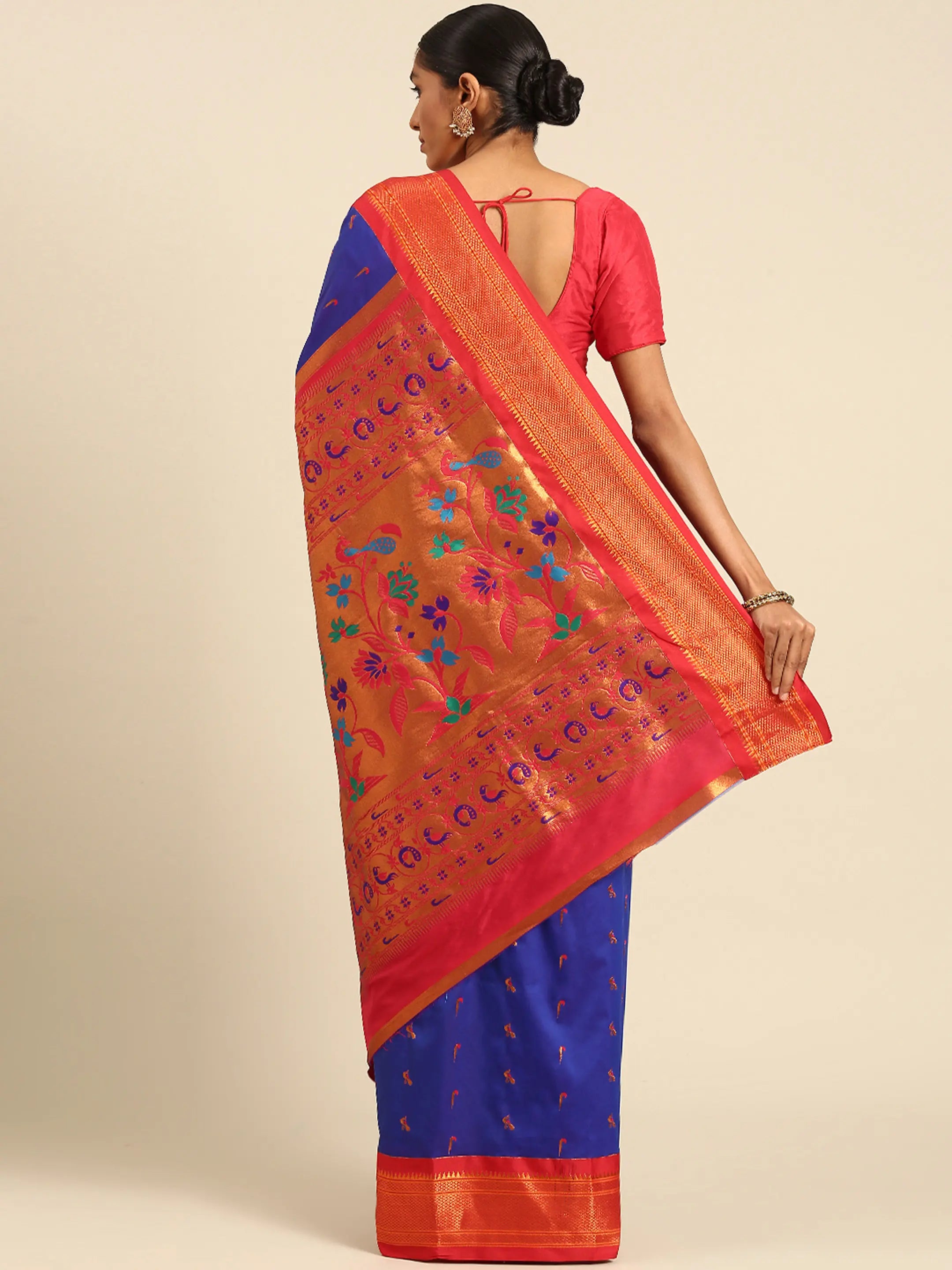 Muniya paithani saree silk blend in royal blue and red with muniya peacock meena butti - back view showing pallu and border for wedding wear