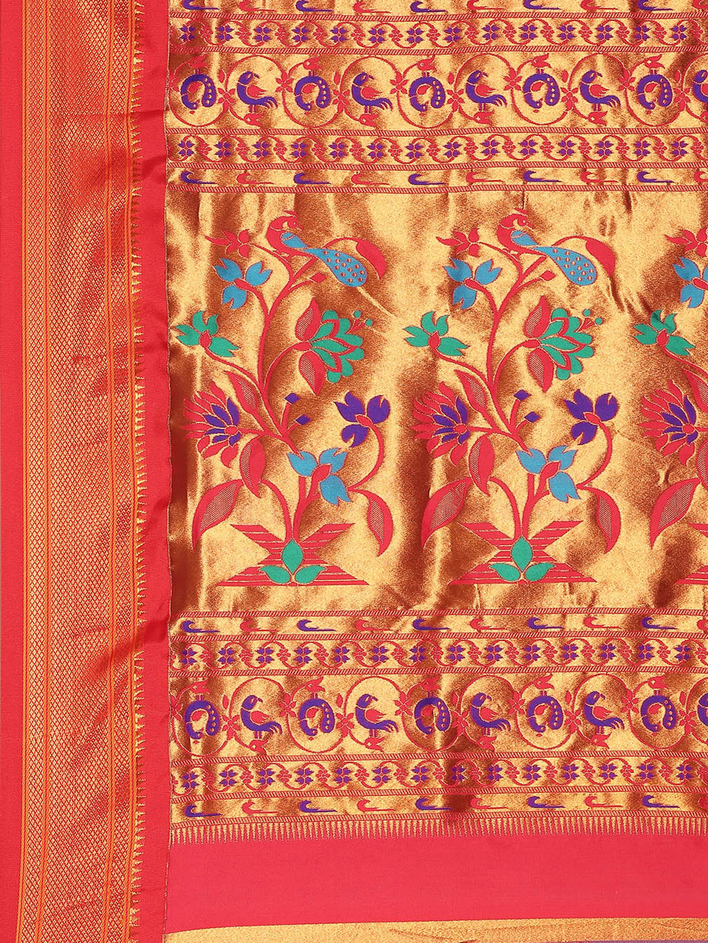 Muniya paithani saree silk blend in royal blue and red with muniya peacock meena butti - pallu detail showing woven motif design for wedding wear