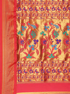 Muniya paithani saree silk blend in royal blue and red with muniya peacock meena butti - pallu detail showing woven motif design for wedding wear