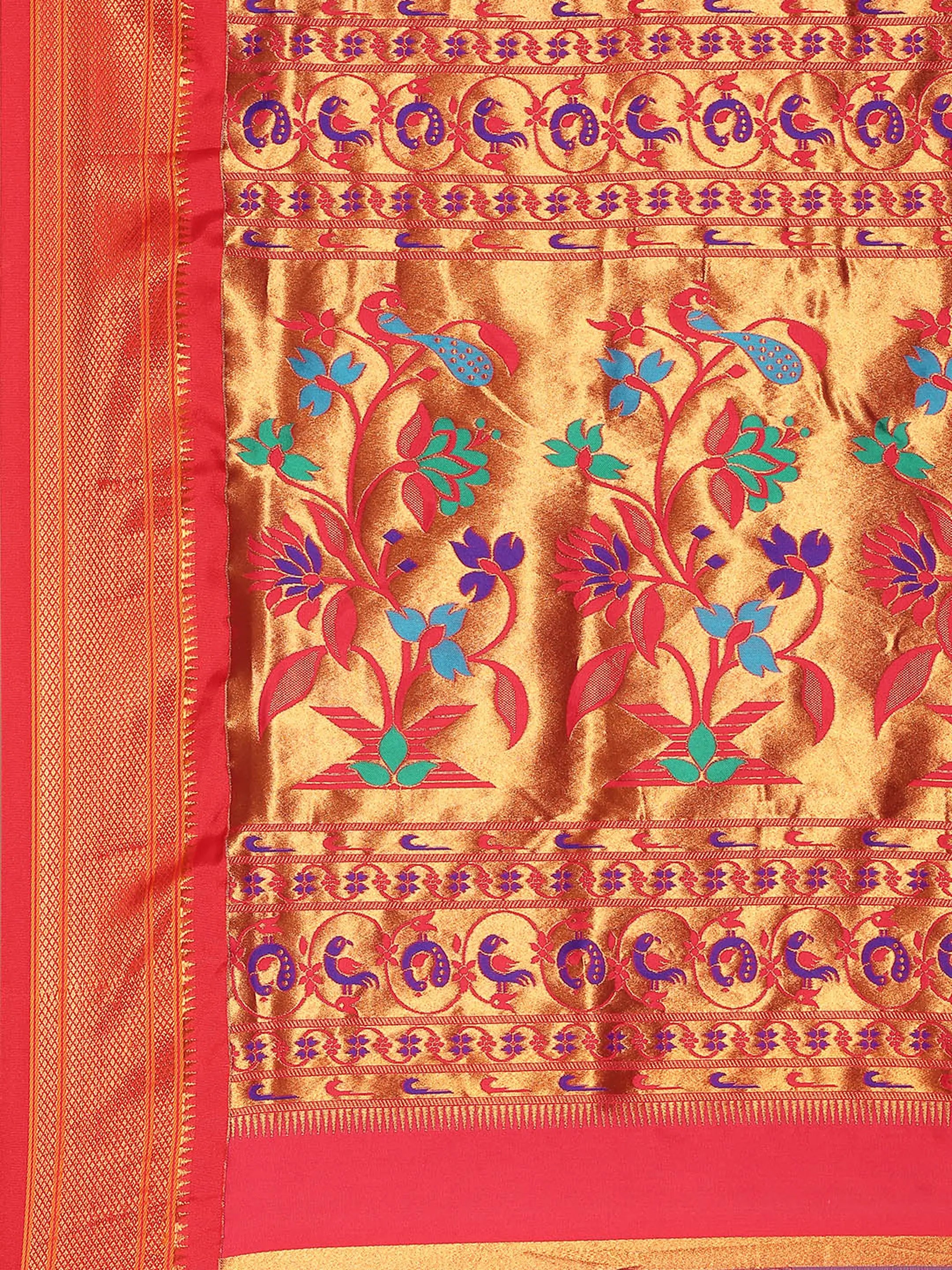 Muniya paithani saree silk blend in royal blue and red with muniya peacock meena butti - pallu detail showing woven motif design for wedding wear
