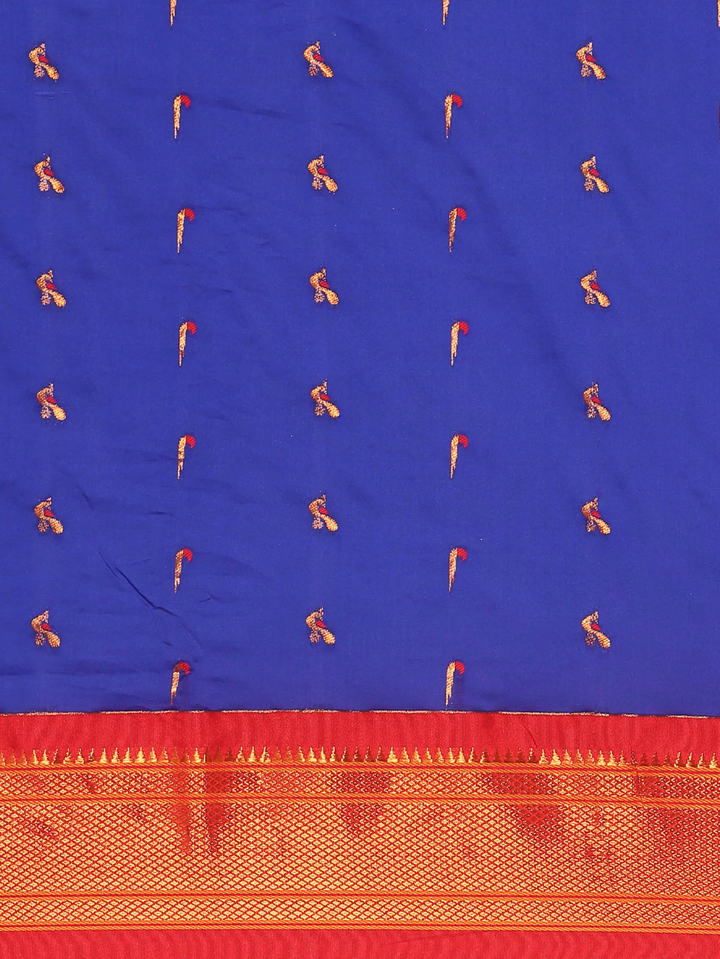 Muniya paithani saree silk blend in royal blue and red with muniya peacock meena butti - body fabric detail showing motif design for wedding wear