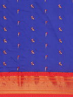 Muniya paithani saree silk blend in royal blue and red with muniya peacock meena butti - body fabric detail showing motif design for wedding wear