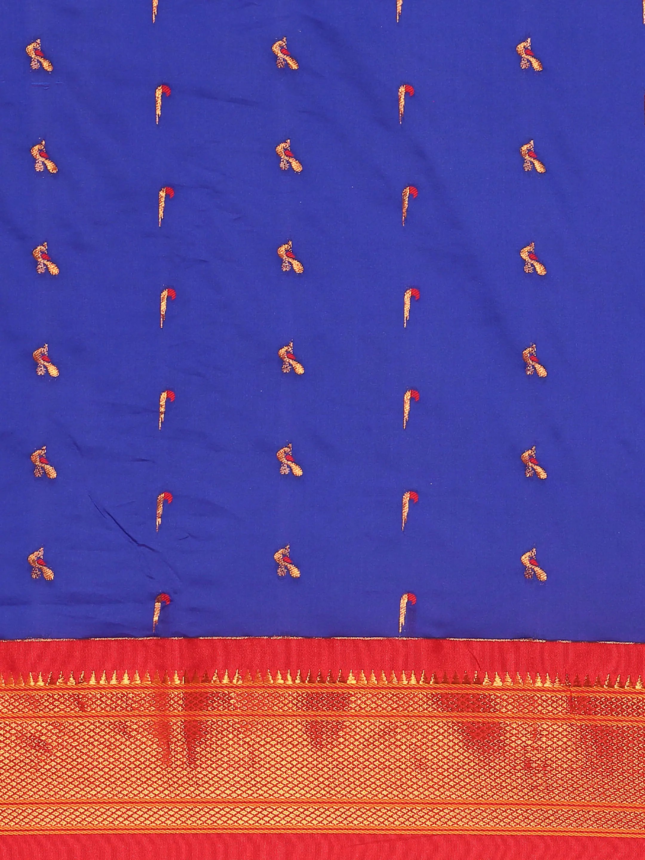 Muniya paithani saree silk blend in royal blue and red with muniya peacock meena butti - body fabric detail showing motif design for wedding wear