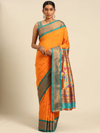 Muniya paithani saree silk blend in saffron and rama with muniya peacock meena butti - front view for wedding wear