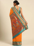 Muniya paithani saree silk blend in saffron and rama with muniya peacock meena butti - back view showing pallu and border for wedding wear