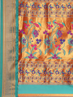 Muniya paithani saree silk blend in saffron and rama with muniya peacock meena butti - pallu detail showing woven motif design for wedding wear