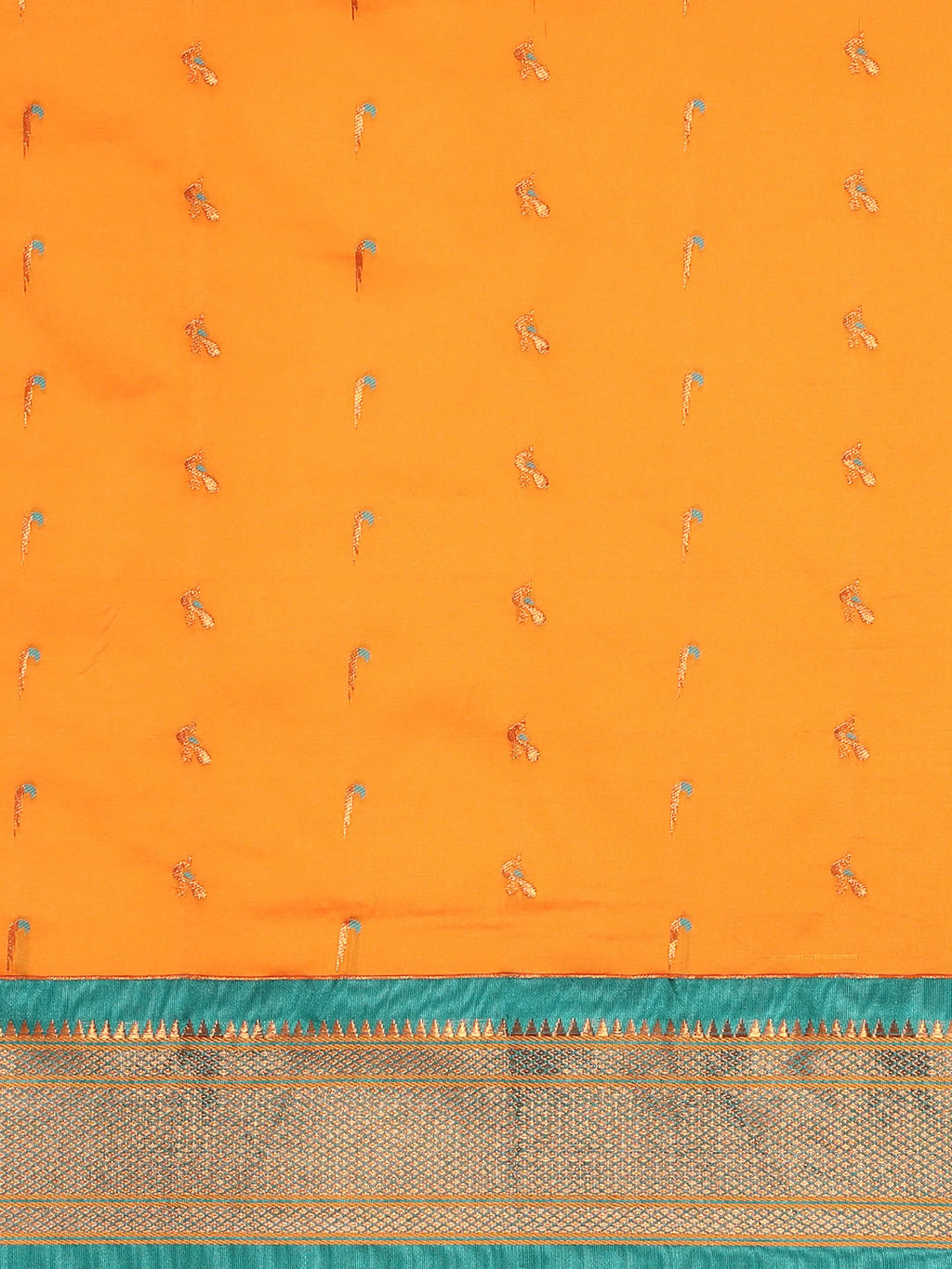 Muniya paithani saree silk blend in saffron and rama with muniya peacock meena butti - body fabric detail showing motif design for wedding wear