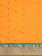 Muniya paithani saree silk blend in saffron and rama with muniya peacock meena butti - body fabric detail showing motif design for wedding wear