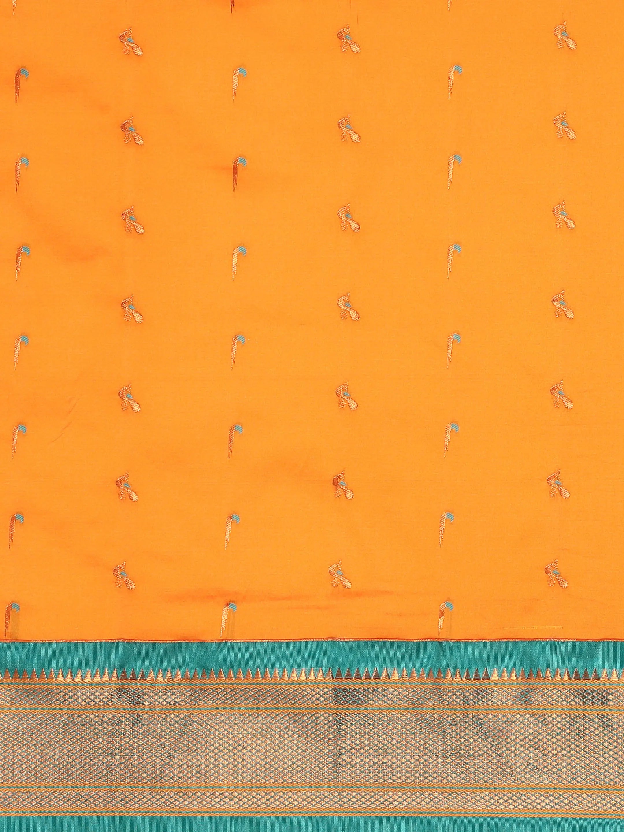 Muniya paithani saree silk blend in saffron and rama with muniya peacock meena butti - body fabric detail showing motif design for wedding wear