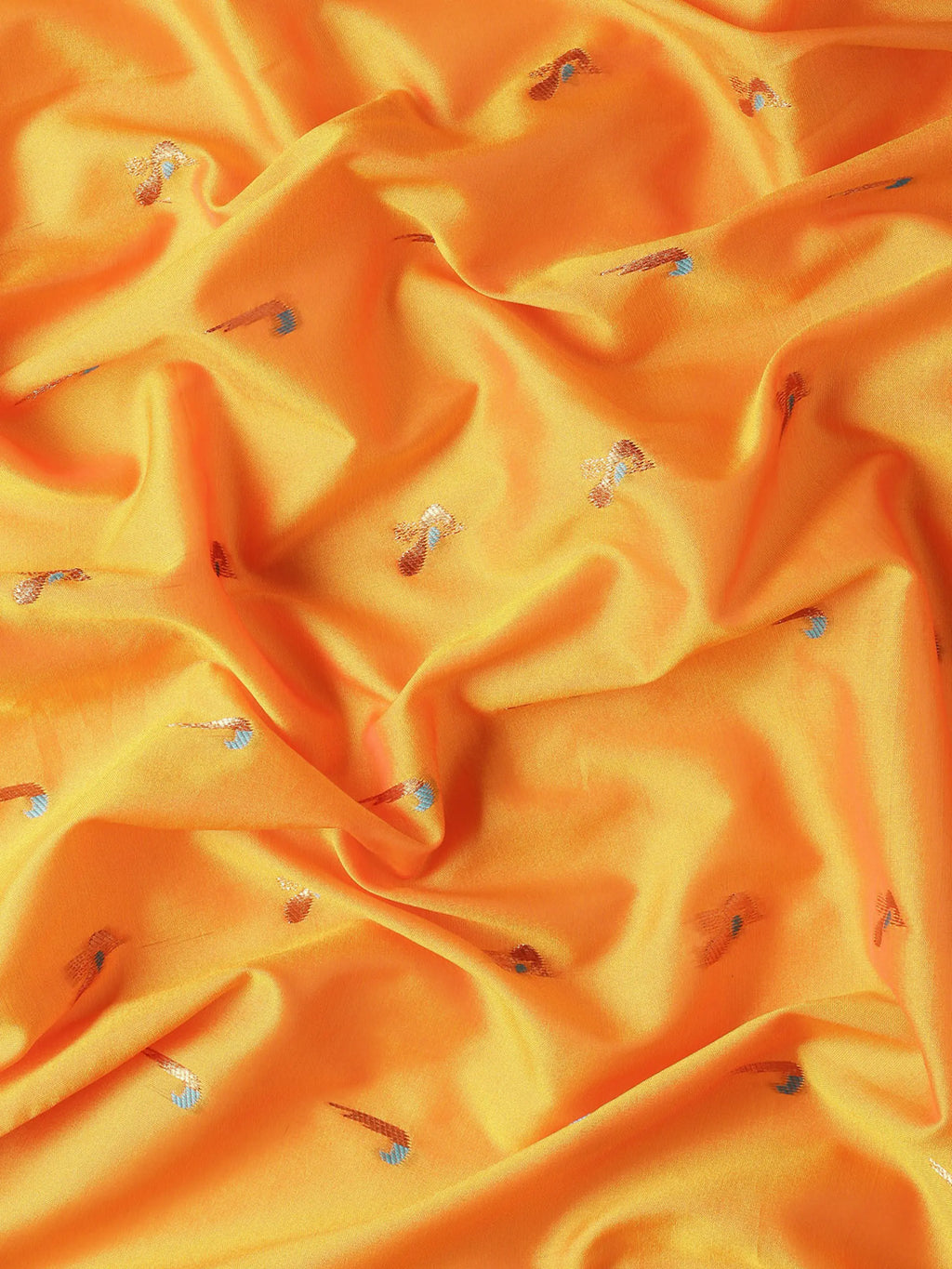 Muniya paithani saree silk blend in saffron and rama with muniya peacock meena butti - fabric view for wedding wear