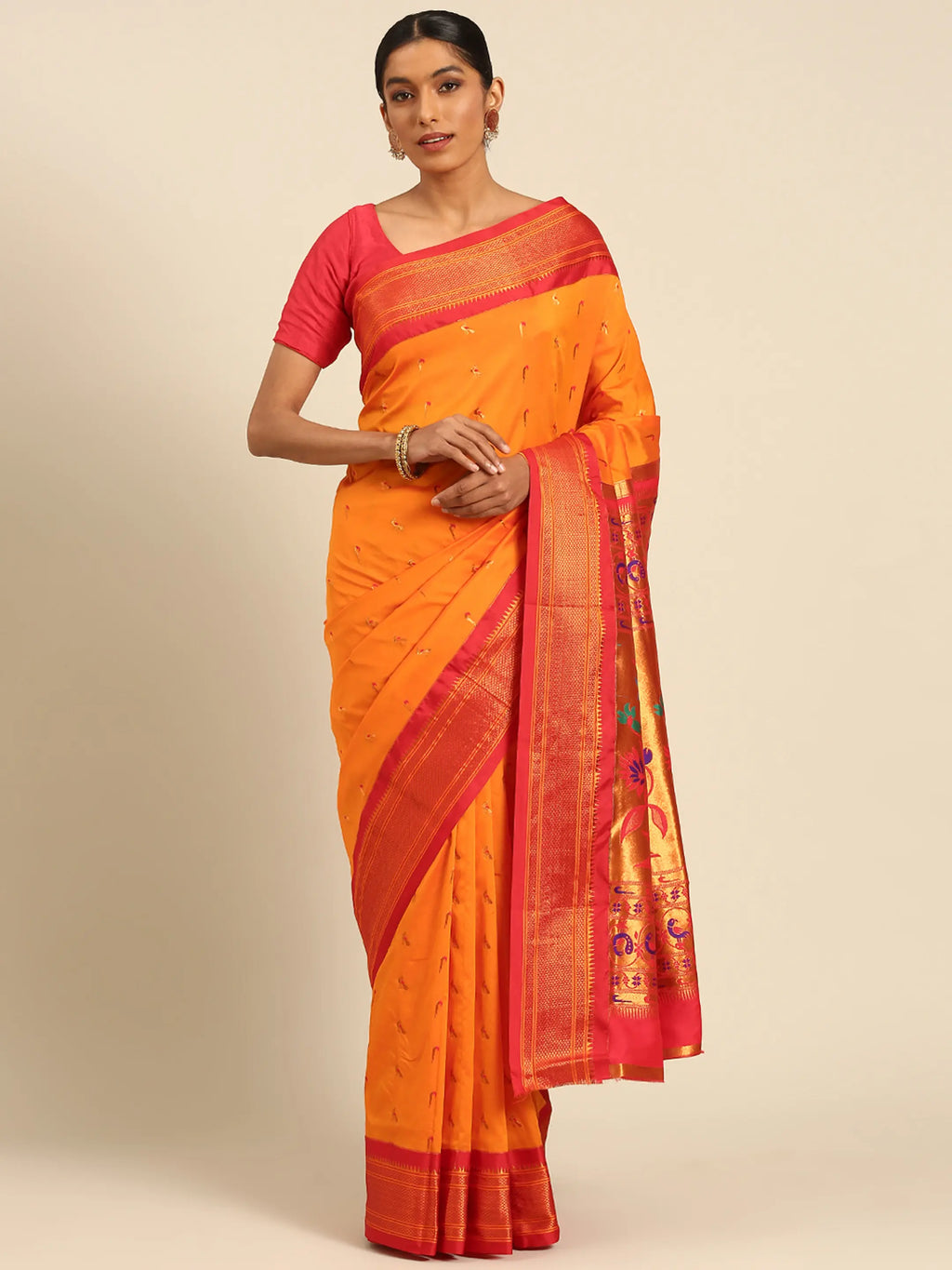 Muniya paithani saree silk blend in saffron and red with muniya peacock meena butti - front view for wedding wear
