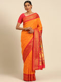 Muniya paithani saree silk blend in saffron and red with muniya peacock meena butti - front view for wedding wear