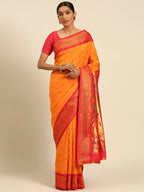 Muniya paithani saree silk blend in saffron and red with muniya peacock meena butti - front view for wedding wear