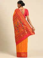Muniya paithani saree silk blend in saffron and red with muniya peacock meena butti - back view showing pallu and border for wedding wear