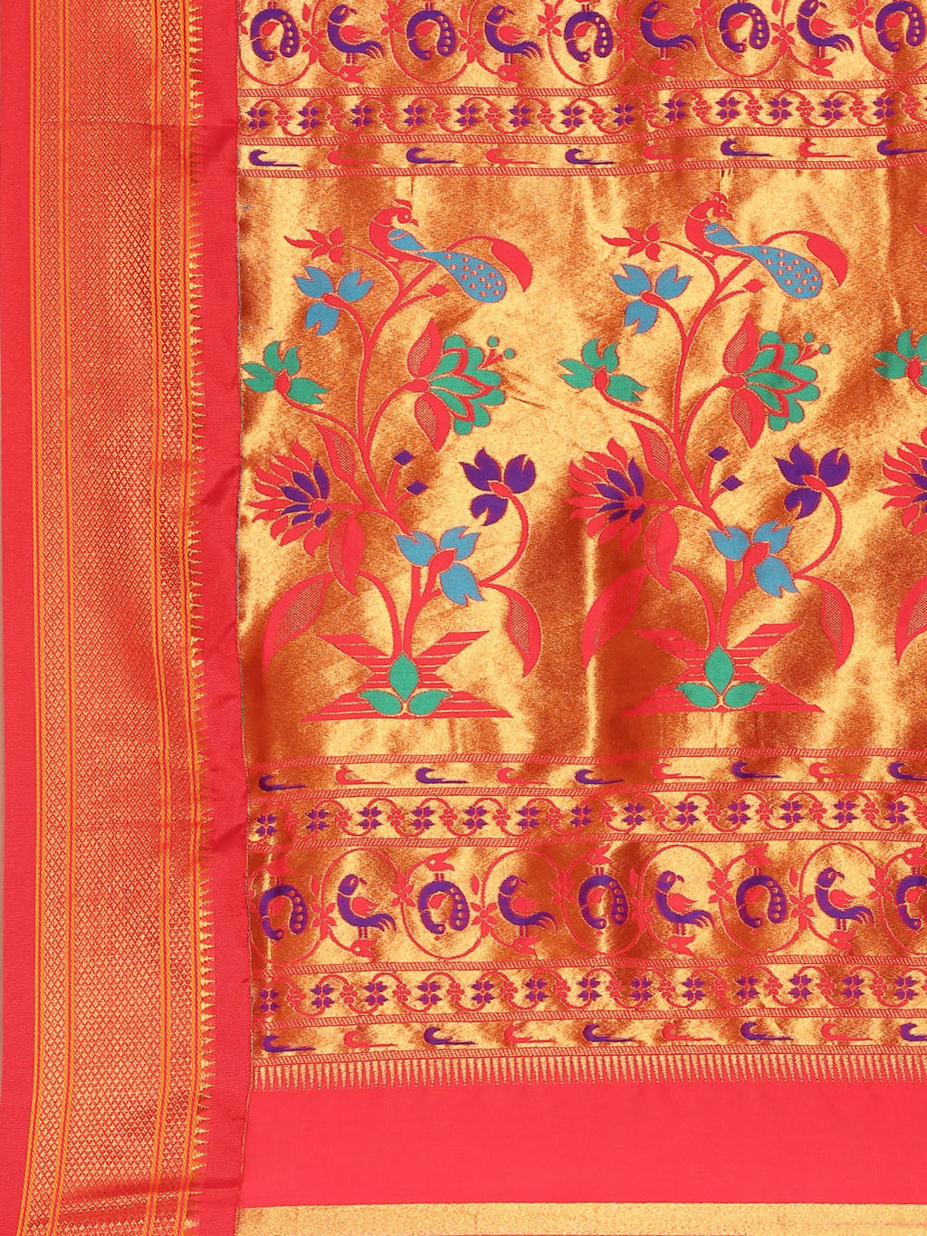 Muniya paithani saree silk blend in saffron and red with muniya peacock meena butti - pallu detail showing woven motif design for wedding wear