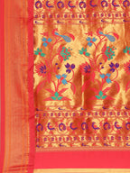 Muniya paithani saree silk blend in saffron and red with muniya peacock meena butti - pallu detail showing woven motif design for wedding wear