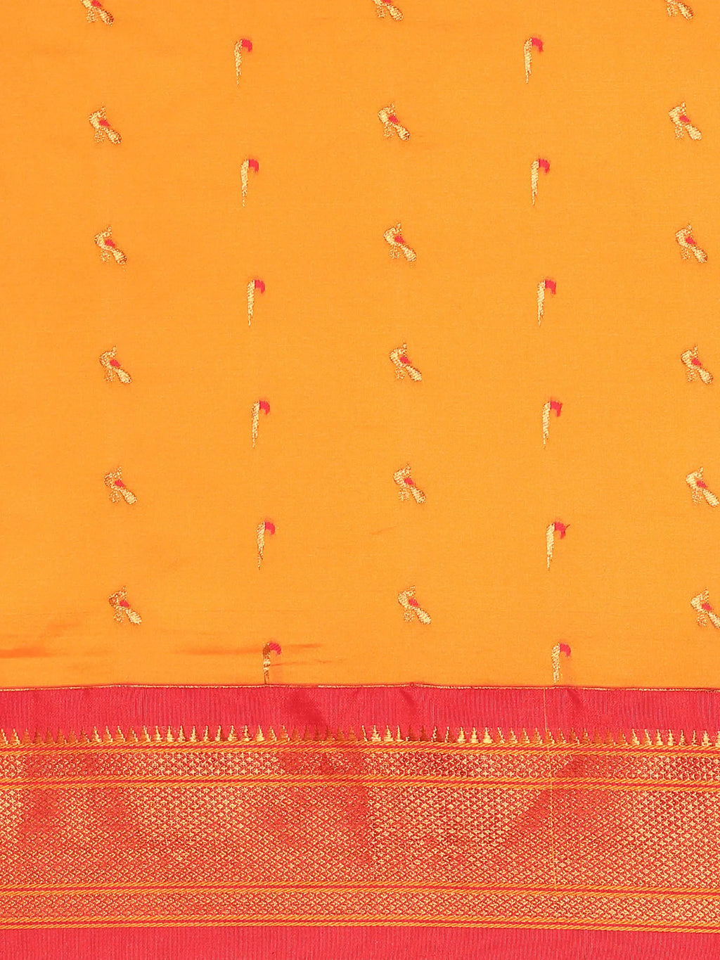 Muniya paithani saree silk blend in saffron and red with muniya peacock meena butti - body fabric detail showing motif design for wedding wear