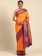 Muniya paithani saree silk blend in saffron and violet with muniya peacock meena butti - front view for wedding wear
