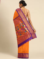 Muniya paithani saree silk blend in saffron and violet with muniya peacock meena butti - back view showing pallu and border for wedding wear