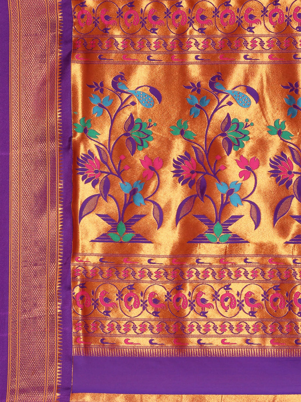 Muniya paithani saree silk blend in saffron and violet with muniya peacock meena butti - pallu detail showing woven motif design for wedding wear