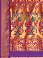 Muniya paithani saree silk blend in saffron and violet with muniya peacock meena butti - pallu detail showing woven motif design for wedding wear
