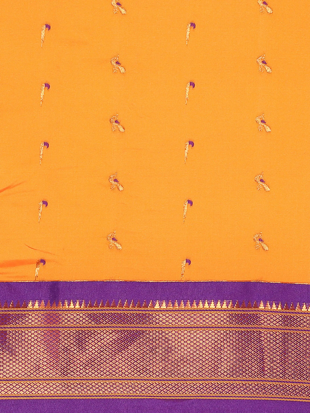 Muniya paithani saree silk blend in saffron and violet with muniya peacock meena butti - body fabric detail showing motif design for wedding wear
