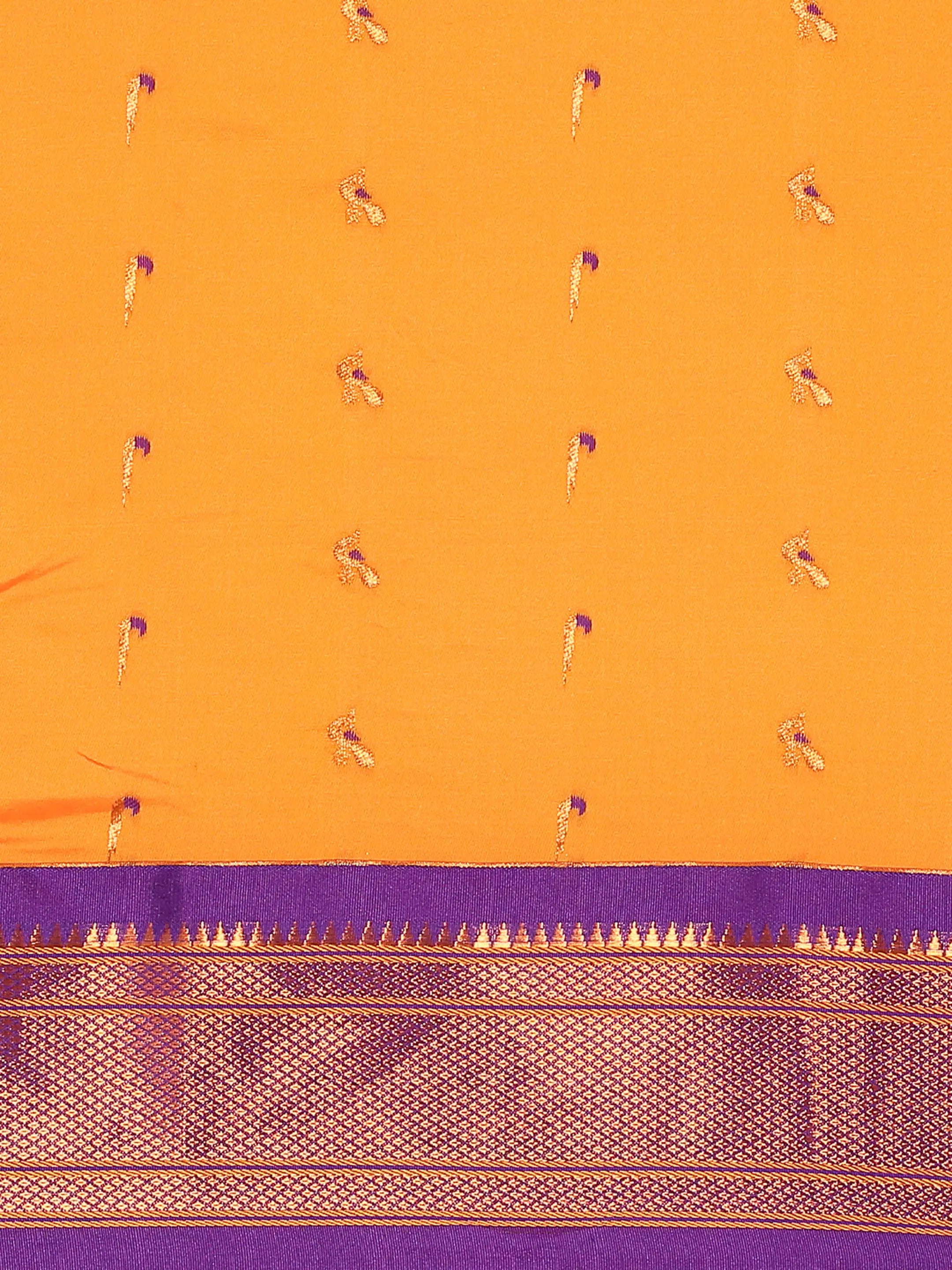 Muniya paithani saree silk blend in saffron and violet with muniya peacock meena butti - body fabric detail showing motif design for wedding wear