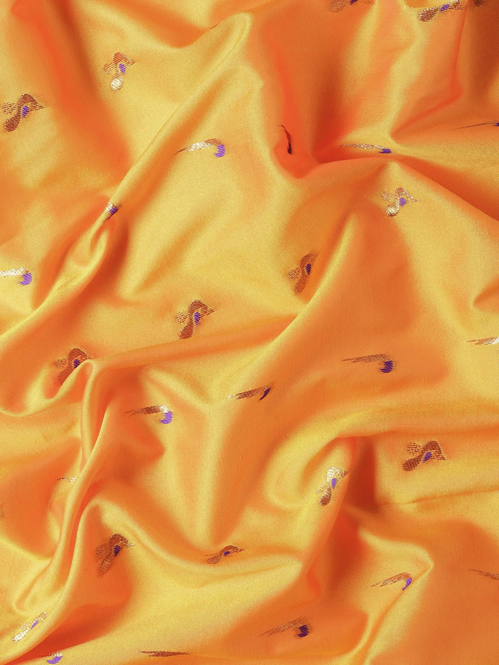 Muniya paithani saree silk blend in saffron and violet with muniya peacock meena butti - fabric view for wedding wear