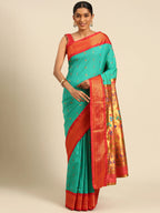 Muniya paithani saree silk blend in sea green and red with muniya peacock meena butti - front view for wedding wear