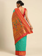 Muniya paithani saree silk blend in sea green and red with muniya peacock meena butti - back view showing pallu and border for wedding wear