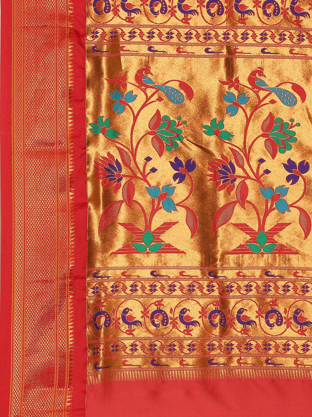 Muniya paithani saree silk blend in sea green and red with muniya peacock meena butti - pallu detail showing woven motif design for wedding wear