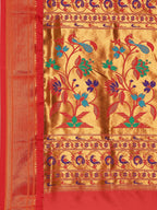 Muniya paithani saree silk blend in sea green and red with muniya peacock meena butti - pallu detail showing woven motif design for wedding wear