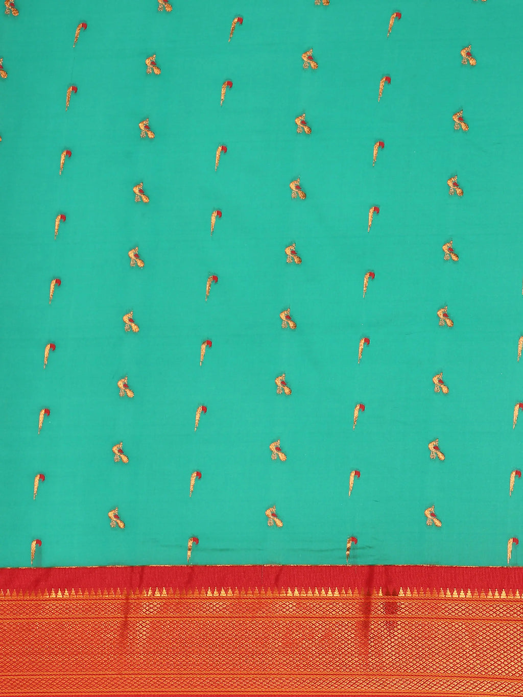 Muniya paithani saree silk blend in sea green and red with muniya peacock meena butti - body fabric detail showing motif design for wedding wear