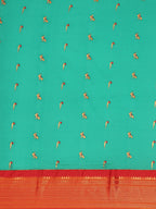 Muniya paithani saree silk blend in sea green and red with muniya peacock meena butti - body fabric detail showing motif design for wedding wear